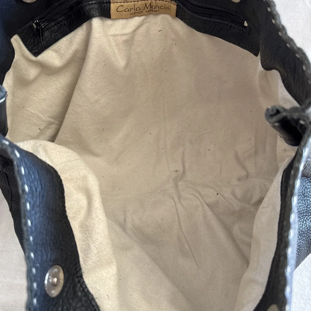 Vintage Carla Mancini Black Leather Single Stitch Tote Shoulder Purse Hobo Bag